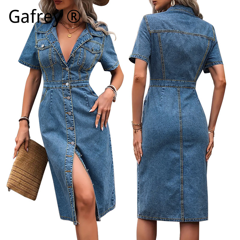 Women Formal Wear For Summer - Plus Size Women Lapel Denim Dress